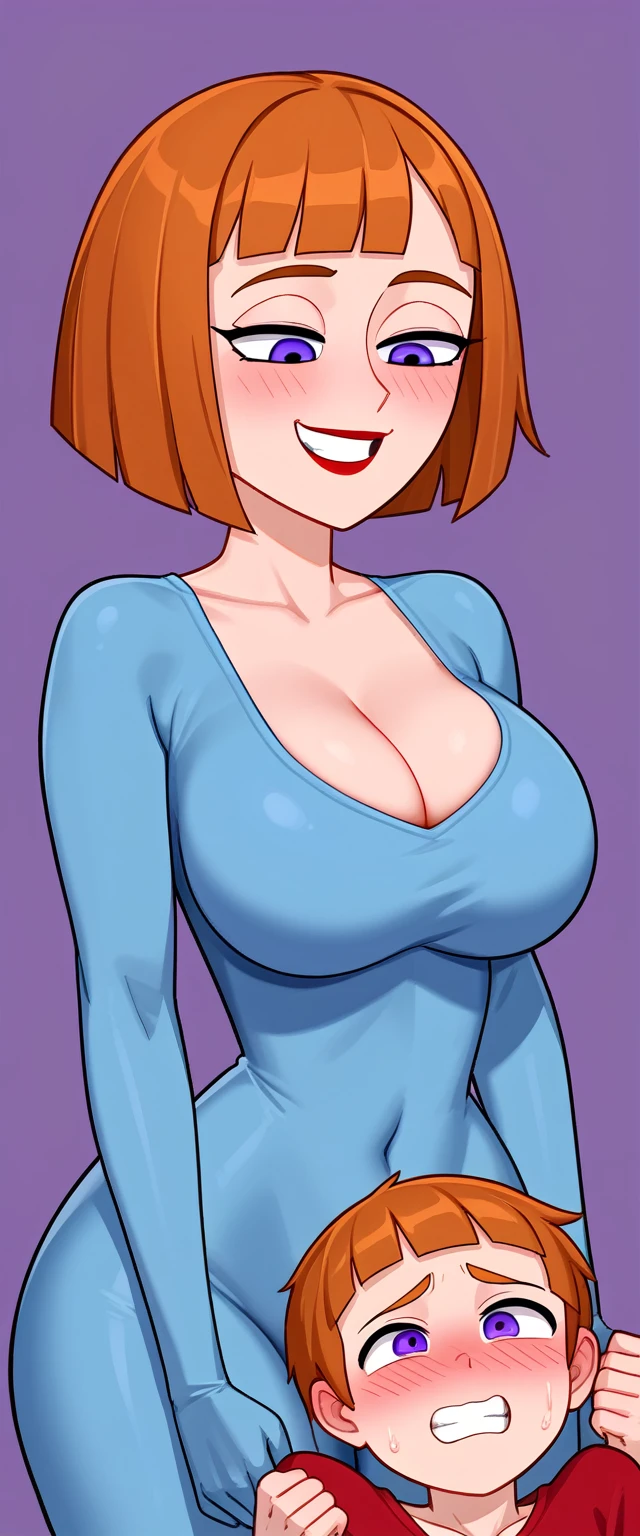 NSFW Maddie fenton, raping her son, a sexy milf, mature body, realistic anime artwork with intricate details and colors, masterpiece, wearing a skintight blue bodysuit accentuating her curves, half cleavage her breasts tightly squeezed by her clothes, a young premature boy is forcibly held against her body, orange hair, bobcut, no panties, curvy toned physique with big breasts and ass and tiny waist, wicked horny look in her eyes, a wicked grin of dominance on her face, dominating boy, dominant, fucks boy against his will, rapes a young boy, holds boy against his will, forcing boy to cum, the boy is desperate and intoxicated with maddie