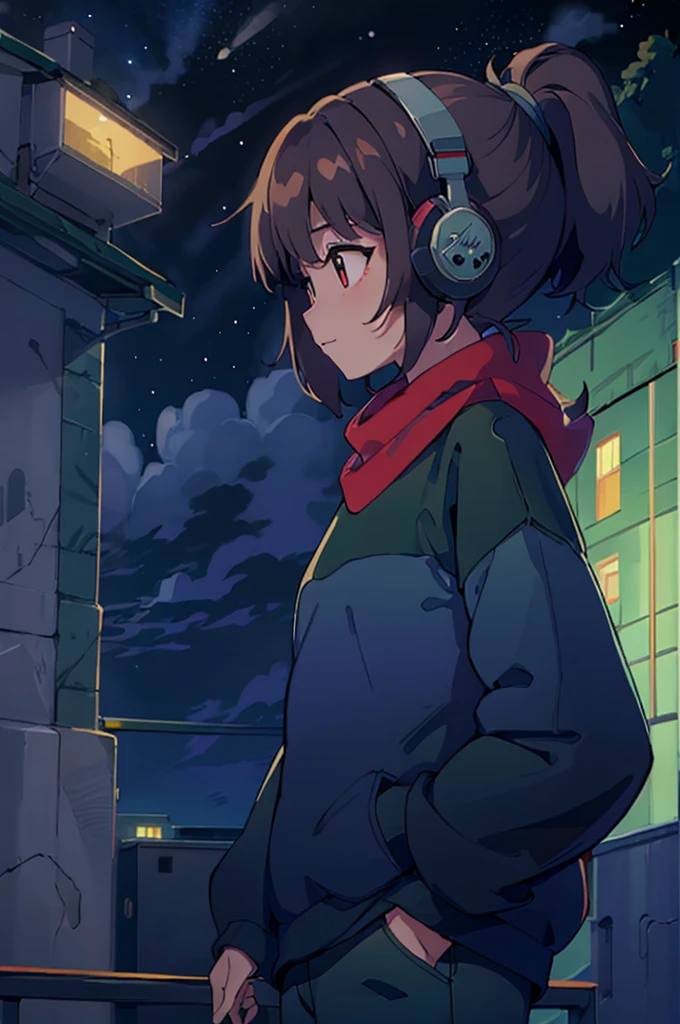 masterpiece, best quality, 1girl, solo, brown_hair,ponytail,headphones,green sweater,blue pants,red scarf, night, muted colors, monochrome, upper body, pixel art, night sky, clouds, profile,seduta studiando