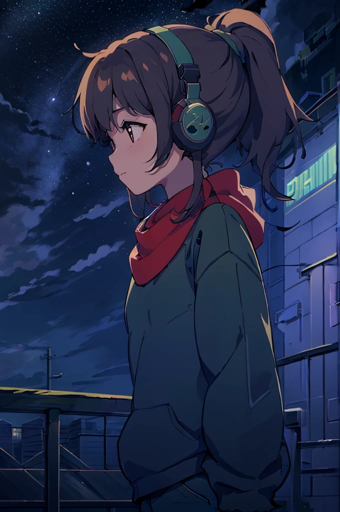 masterpiece, best quality, 1girl, solo, brown_hair,ponytail,headphones,green sweater,blue pants,red scarf, night, muted colors, monochrome, upper body, pixel art, night sky, clouds, profile,seduta studiando