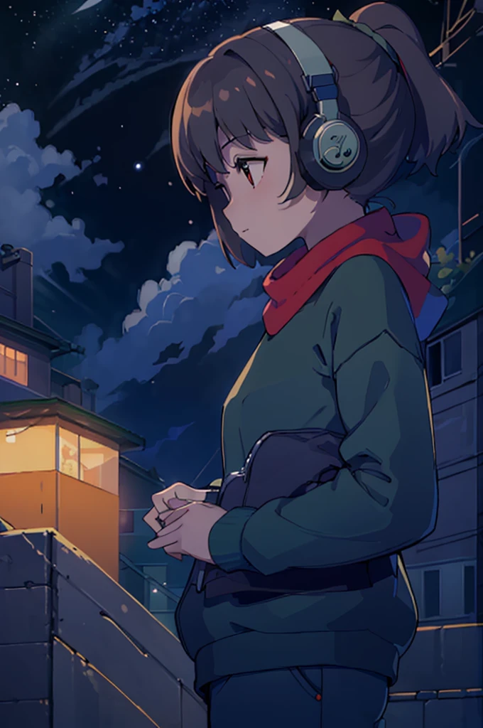 masterpiece, best quality,  1girl, solo, brown_hair,ponytail,headphones,green sweater,blue pants,red scarf, night, muted colors, monochrome, upper body, pixel art, night sky, clouds, profile,seduta studiando