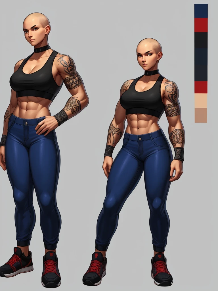((best quality)), ((4k)), ((highres)), ((masterpiece:1.2)). ((detailed)), ((ultra realistic)), ((intricate details)), ((full body picture)), ((character design sheet)), ((blank background)), ((standing in a blank background)), a full body shot of a bald female, bald woman, muscular woman, muscular arms, mucular legs, about 5'8 tall, about 25 years old, arm tattoos, ((arm tattoos)), dressed in a sports bra and blue jeans pants, midriff, six pack abs, sneakers, female gang member, character concept art, fighting game concept art, king of fighters character concept art, shaved head