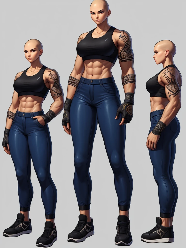 ((best quality)), ((4k)), ((highres)), ((masterpiece:1.2)). ((detailed)), ((ultra realistic)), ((intricate details)), ((full body picture)), ((character design sheet)), ((blank background)), ((standing in a blank background)), a full body shot of a bald female, bald woman, muscular woman, muscular arms, mucular legs, about 5'8 tall, about 25 years old, arm tattoos, ((arm tattoos)), dressed in a sports bra and blue jeans pants, midriff, six pack abs, sneakers, female gang member, character concept art, fighting game concept art, king of fighters character concept art, shaved head