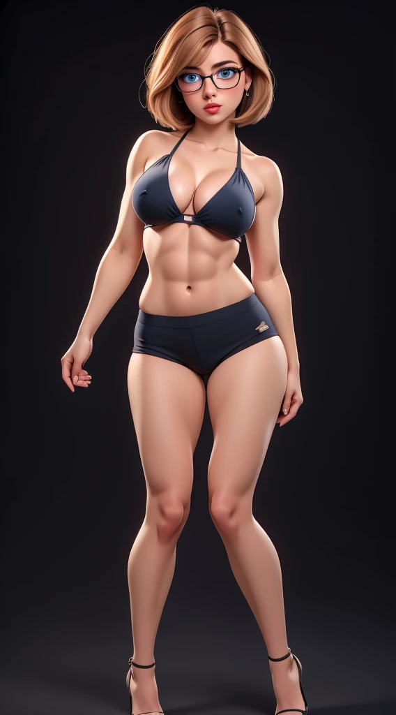 glasses,, shape slim light hazelnut hair, bob haircut, blue eyes, full lips, black background, high quality photography full body picture stand up big- abs sexy years old