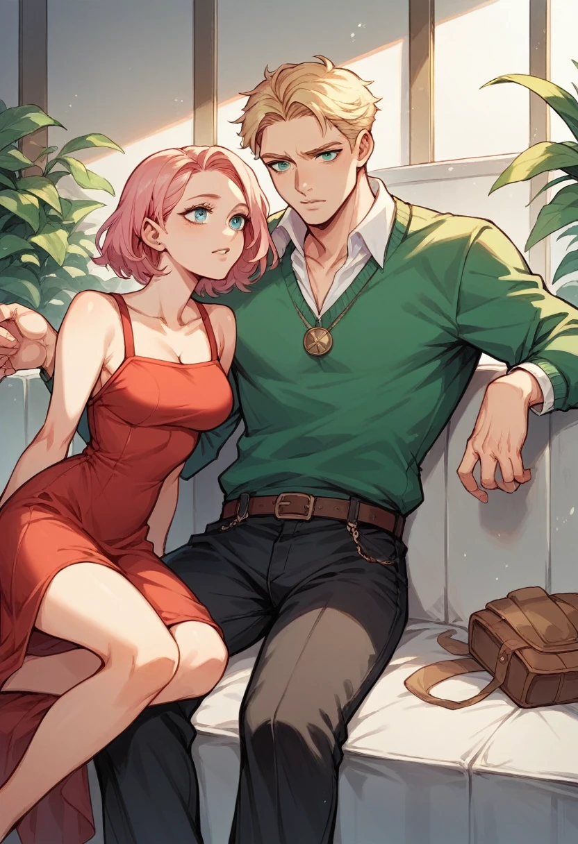 marvel comic white girl , white and pink hair , blue eyes dressed in a red dress and a white boy , blond hair , green eyes dressed in a green sweater and black pants sitting in the auditorium with two with syringes behind the chairs 
