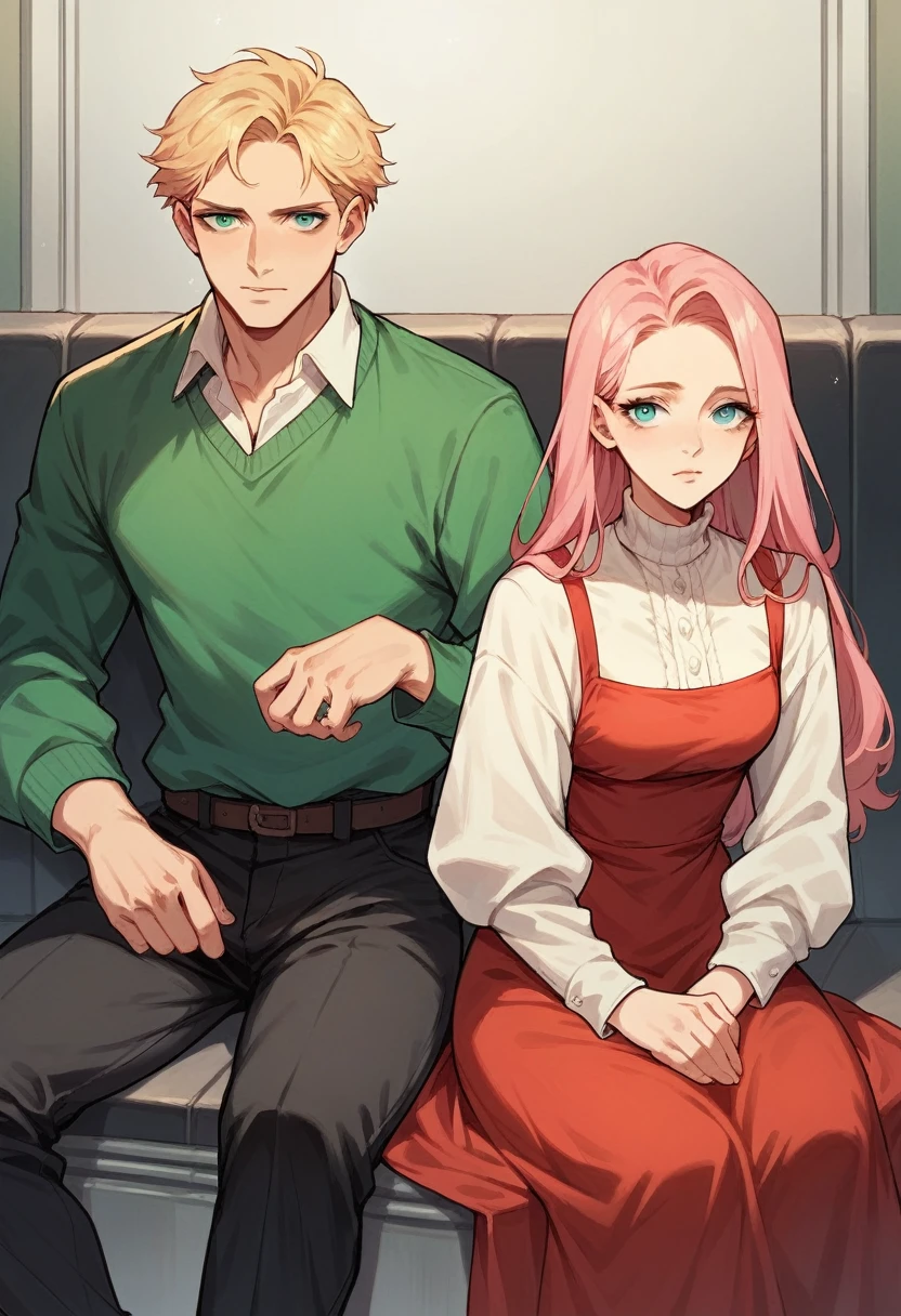 marvel comic white girl , white and pink hair , blue eyes dressed in a red dress and a white boy , blond hair , green eyes dressed in a green sweater and black pants sitting in the auditorium with two with syringes behind the chairs
