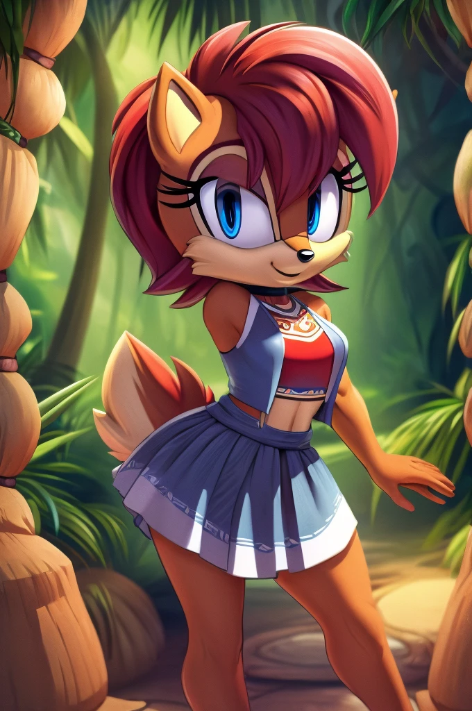 sonic (series), 1girl, anthro chipmunk girl, female mobian, mobian, blunt bangs, short auburn hair, blue eyes, (brown fur:1.3), aztec clothes, aztec skirt, jungle biome, aztec piramid, outline, Intricate Details, Masterpiece, Best Quality, High Quality, Studio Quality, Best Detail, Perfect Detail, Refine Detail, Sally Acorn 