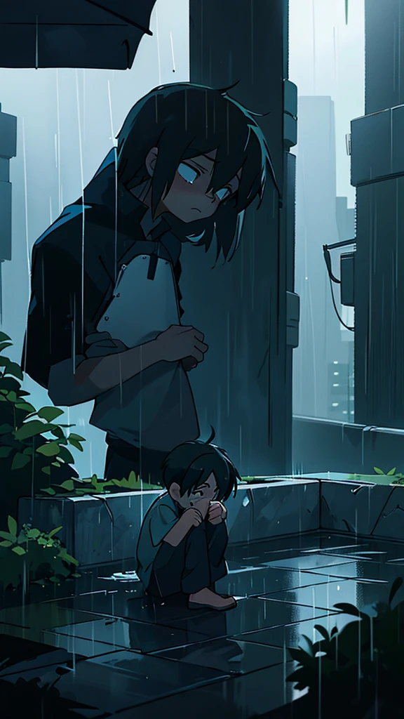 anime, a boy sitting on a ledge in the rain, Tears in the rain, and sad, sad and lonely, emotional image, like tears in the rain at the time of dying, what depression looks like, dark illustration, under the rain, dark faceless people, sad, gloomy and depressed lighting, rainy weather, emotional concept art, he is sad, sadness personified