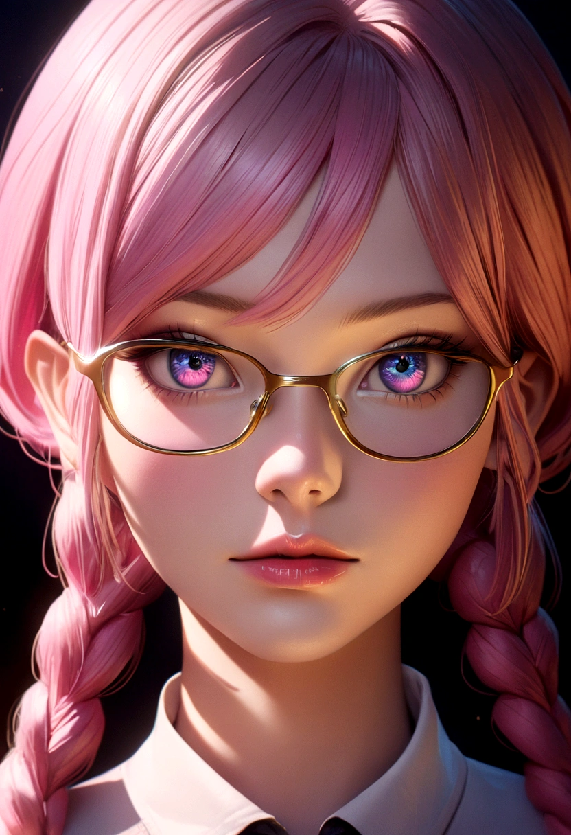 a pair of twin girls, beautiful detailed eyes, beautiful detailed lips, extremely detailed eyes and face, long eyelashes, one twin with pink hair, the other twin with wine-colored hair, one twin wearing glasses, modern age clothing, anime style, highly detailed, photorealistic, cinematic lighting, vivid colors, 8k, masterpiece