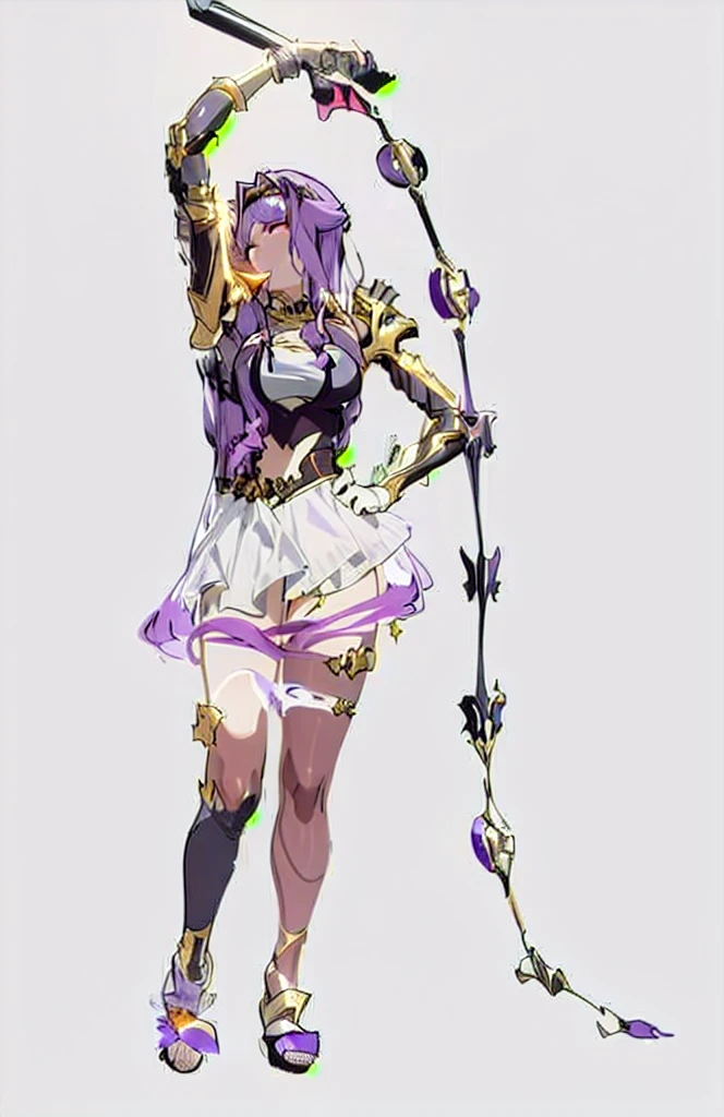 art, 8k, masterpiece, (front), (Sirin), purple_hair, long_hair, medium_breasts, armor, (bodysuit), (greek_clothing), golden accents, glowing_bodysuit, (high_Heels), sexy, lunar themed attire, triumphant pose, vi from arcane, (princess), crown