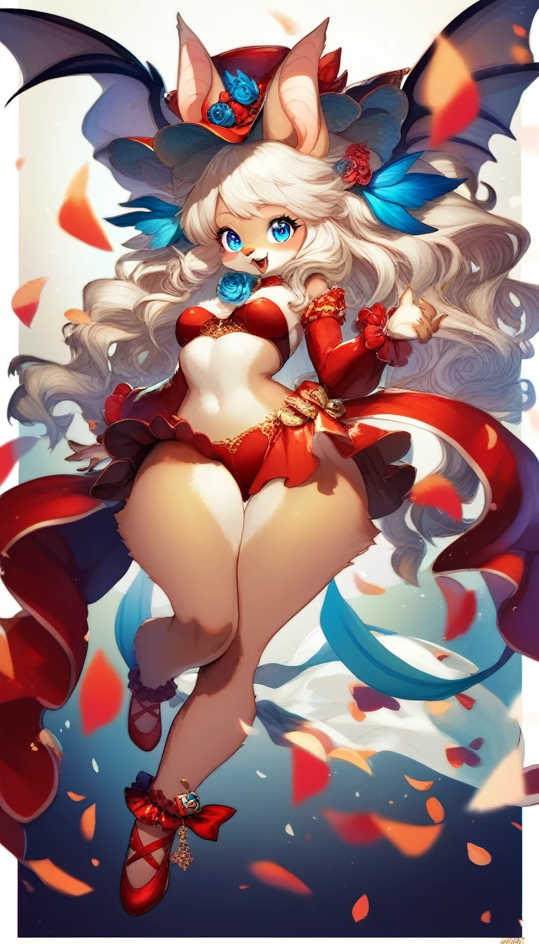 furry kemono commission style, a cute bat goddess with big ears and long white wavy hair, beautiful detailed eyes, beautiful detailed lips, extremely detailed face, blue eyes, happy expression, dressed in blue and red casual style, bat wings on the back, curvy figure, full body shot, 8k, hyper-detailed, intricate details, dynamic pose, vibrant colors, dramatic lighting, fantasy art, digital painting
