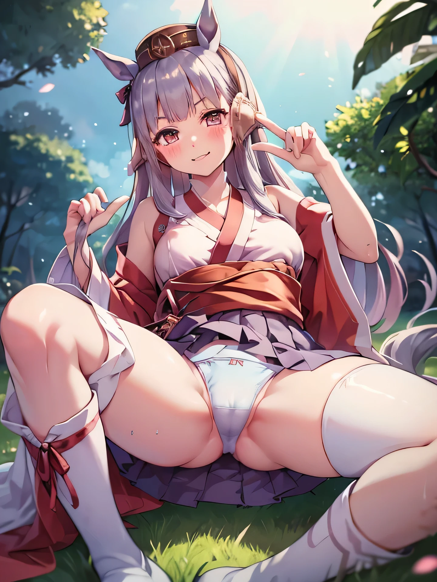 (masterpiece, Highest quality:1.2), alone, One girl, 幼いchildのゴールドシップ, pillbox hat,White kimono、Miko costume、kimono、Hakama、Knee-high socks、Horse tail,、grassland、Nature、blush、Big Breasts、Bra shows through over clothes、Transparent clothes、Clothes are see-through、、Kindergarteners、、、、の小さな体、From below、Clothes get wet、Nipples are visible、smile、Spread your legs、Flashy underwear、is see-through、Big Ass、Raise one leg、Skirt lift