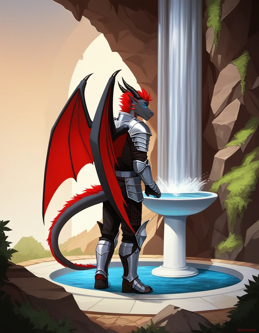 Solo, Score_9, score_8_up, score_7_up, source_cartoon, Anthro male, A black dragon, black dragon with red highlights on scales, black and red wings, blue eyes, short red hair, standing, wearing knights armor, standing in front of a giant magical fountain, golden fountain, in a cave, he looks amazed, taken aback, looking at the fountain, magic water, in a dark cave, rear view of him, looking away, 