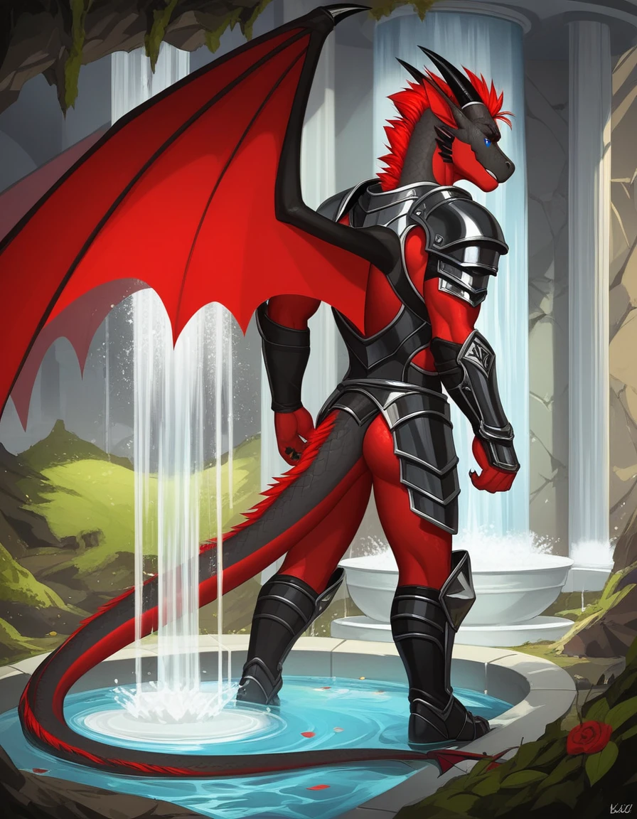 Solo, Score_9, score_8_up, score_7_up, source_cartoon, Anthro male, A black dragon, black dragon with red highlights on scales, black and red wings, blue eyes, short red hair, standing, wearing knights armor, standing in front of a giant magical fountain, golden fountain, in a cave, he looks amazed, taken aback, looking at the fountain, magic water, in a dark cave, rear view of him, looking away, 