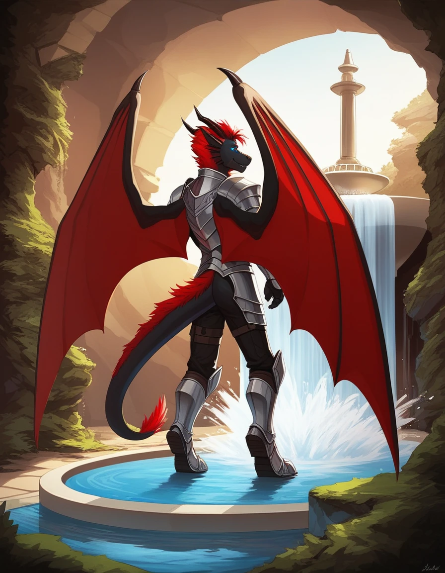 Solo, Score_9, score_8_up, score_7_up, source_cartoon, Anthro male, A black dragon, black dragon with red highlights on scales, black and red wings, blue eyes, short red hair, standing, wearing knights armor, standing in front of a giant magical fountain, golden fountain, in a cave, he looks amazed, taken aback, looking at the fountain, magic water, in a dark cave, rear view of him, looking away,