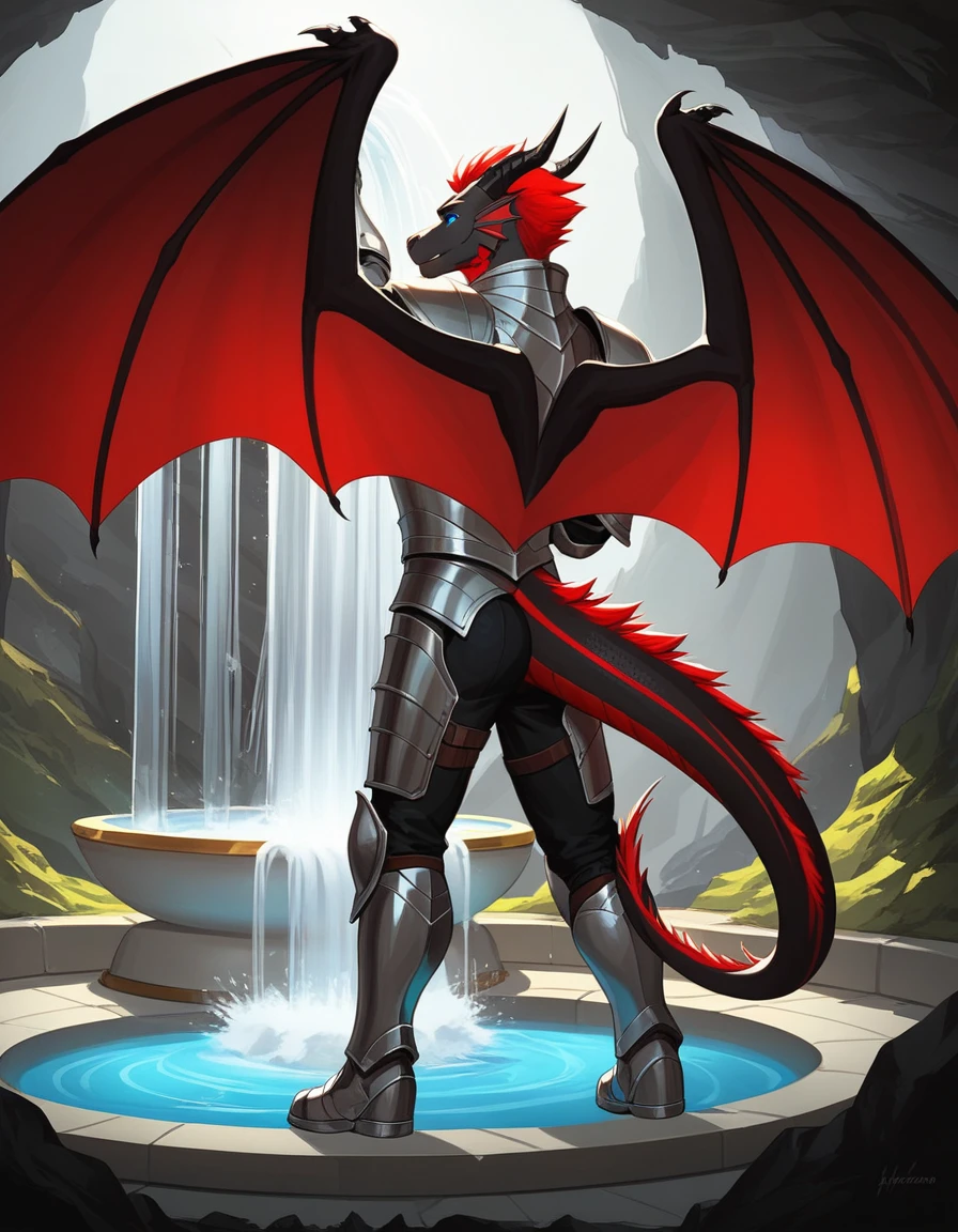 Solo, Score_9, score_8_up, score_7_up, source_cartoon, Anthro male, A black dragon, black dragon with red highlights on scales, black and red wings, blue eyes, short red hair, standing, wearing knights armor, standing in front of a giant magical fountain, golden fountain, in a cave, he looks amazed, taken aback, looking at the fountain, magic water, in a dark cave, rear view of him, looking away,