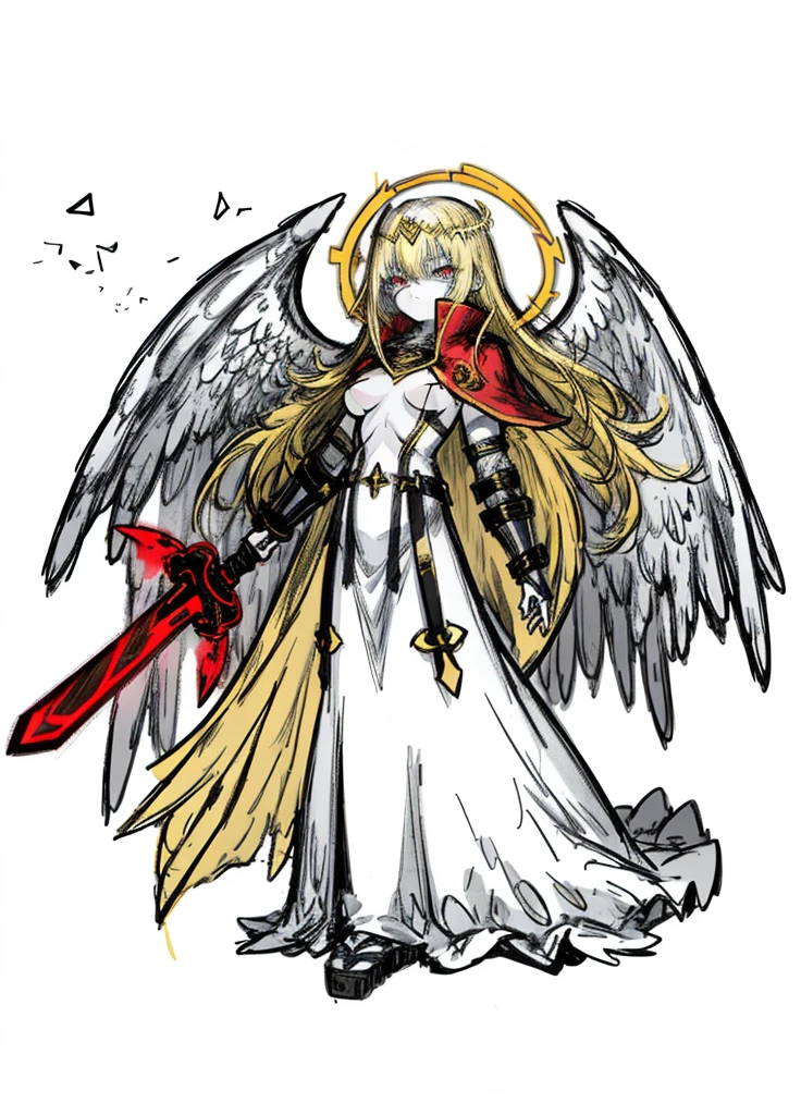 1girl, pale skin, yellow hair, angel, guardian, long hair, red cape, nice clothes, (high resolution, high detail, best quality), black background, holy sword, medium breasts, halo,eye covered with hair, bangs