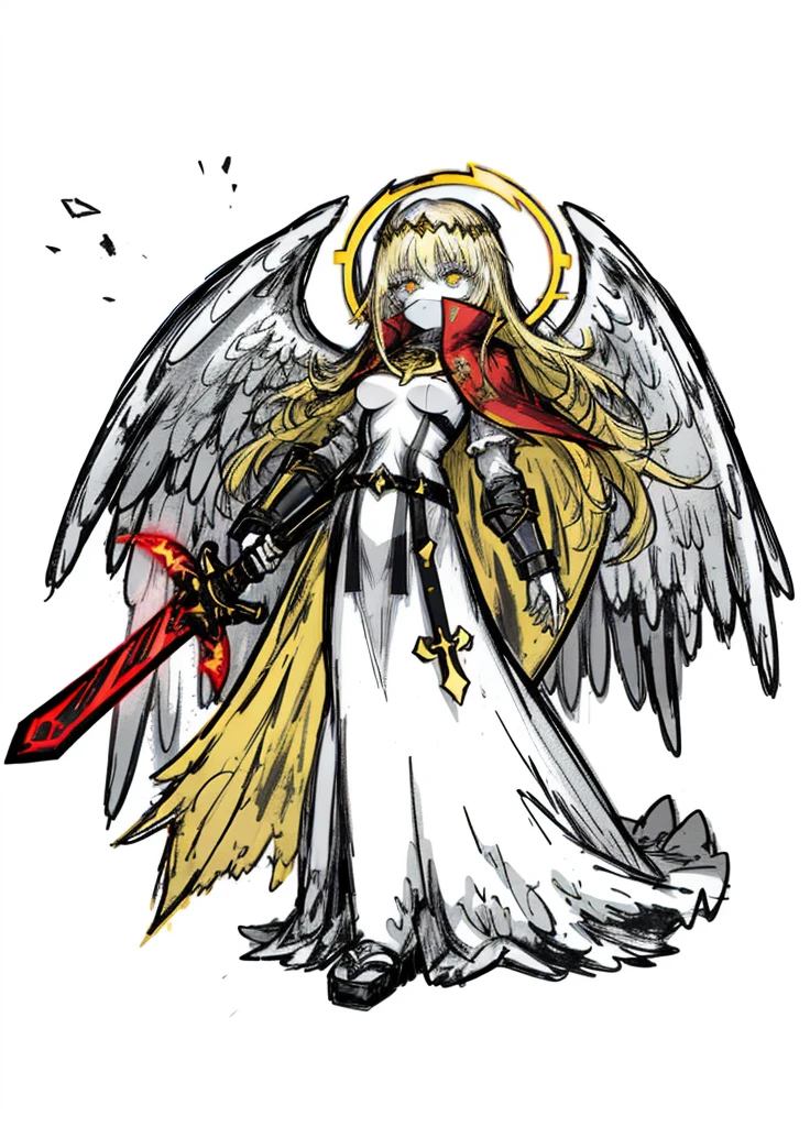 1girl, pale skin, yellow hair, angel, guardian, long hair, red cape, nice clothes, (high resolution, high detail, best quality), black background, holy sword, medium breasts, halo,eye covered with hair, bangs