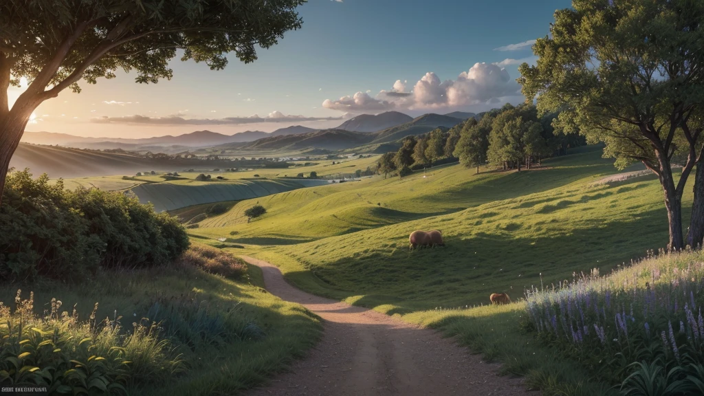 Hyper-realistic cinematic photographic patterns, lighting and ultra-detailed image. In A pastoral painting showing a vast landscape with signs of life, including small trees, bushes and animals in the distance. The color palette includes vibrant greens, warm browns, and soft shades of blue. The composition offers a panoramic view of the land with living elements distributed harmoniously across the land. The atmosphere is welcoming and prosperous, symbolizing a promising and abundant future. widescreen format image with 4K resolution.