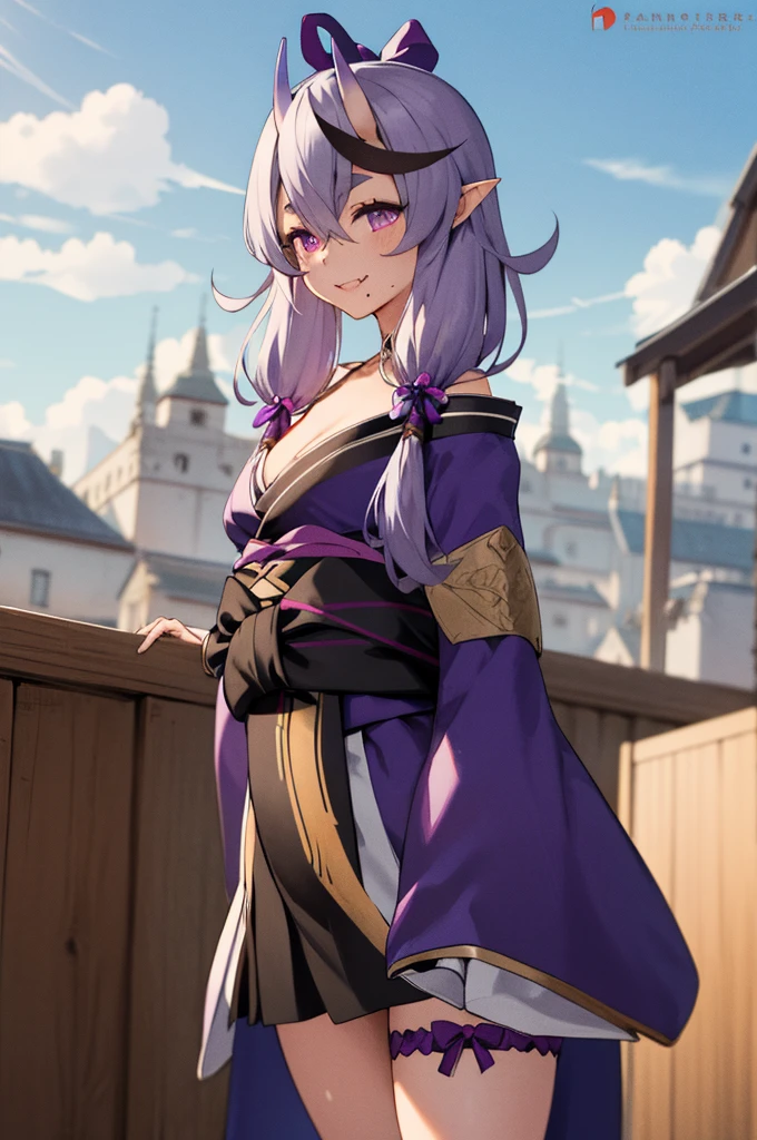 masterpiece, best quality, highres, aamikoto, low twintails, crescent hair ornament, bow, purple ribbon, short eyebrows, fang, off shoulder, purple kimono, short kimono, cleavage, sleeves past wrists, obi, sash, thigh strap, cowboy shot, standing, outdoors, smile, arms at sides, straight-on,