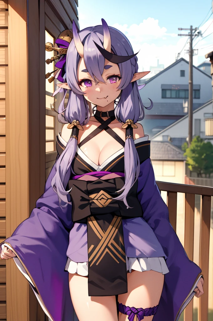 masterpiece, best quality, highres, aamikoto, low twintails, crescent hair ornament, bow, purple ribbon, short eyebrows, fang, off shoulder, purple kimono, short kimono, cleavage, sleeves past wrists, obi, sash, thigh strap, cowboy shot, standing, outdoors, smile, arms at sides, straight-on,