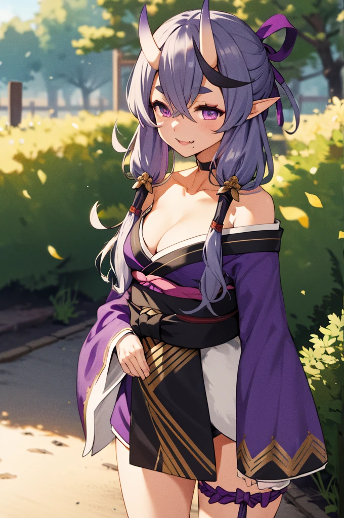 masterpiece, best quality, highres, aamikoto, low twintails, crescent hair ornament, bow, purple ribbon, short eyebrows, fang, off shoulder, purple kimono, short kimono, cleavage, sleeves past wrists, obi, sash, thigh strap, cowboy shot, standing, outdoors, smile, arms at sides, straight-on,