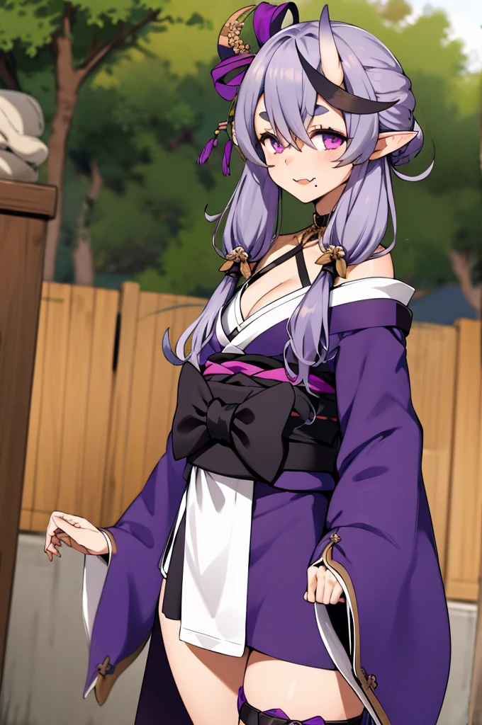 masterpiece, best quality, highres, aamikoto, low twintails, crescent hair ornament, bow, purple ribbon, short eyebrows, fang, off shoulder, purple kimono, short kimono, cleavage, sleeves past wrists, obi, sash, thigh strap, cowboy shot, standing, outdoors, smile, arms at sides, straight-on,