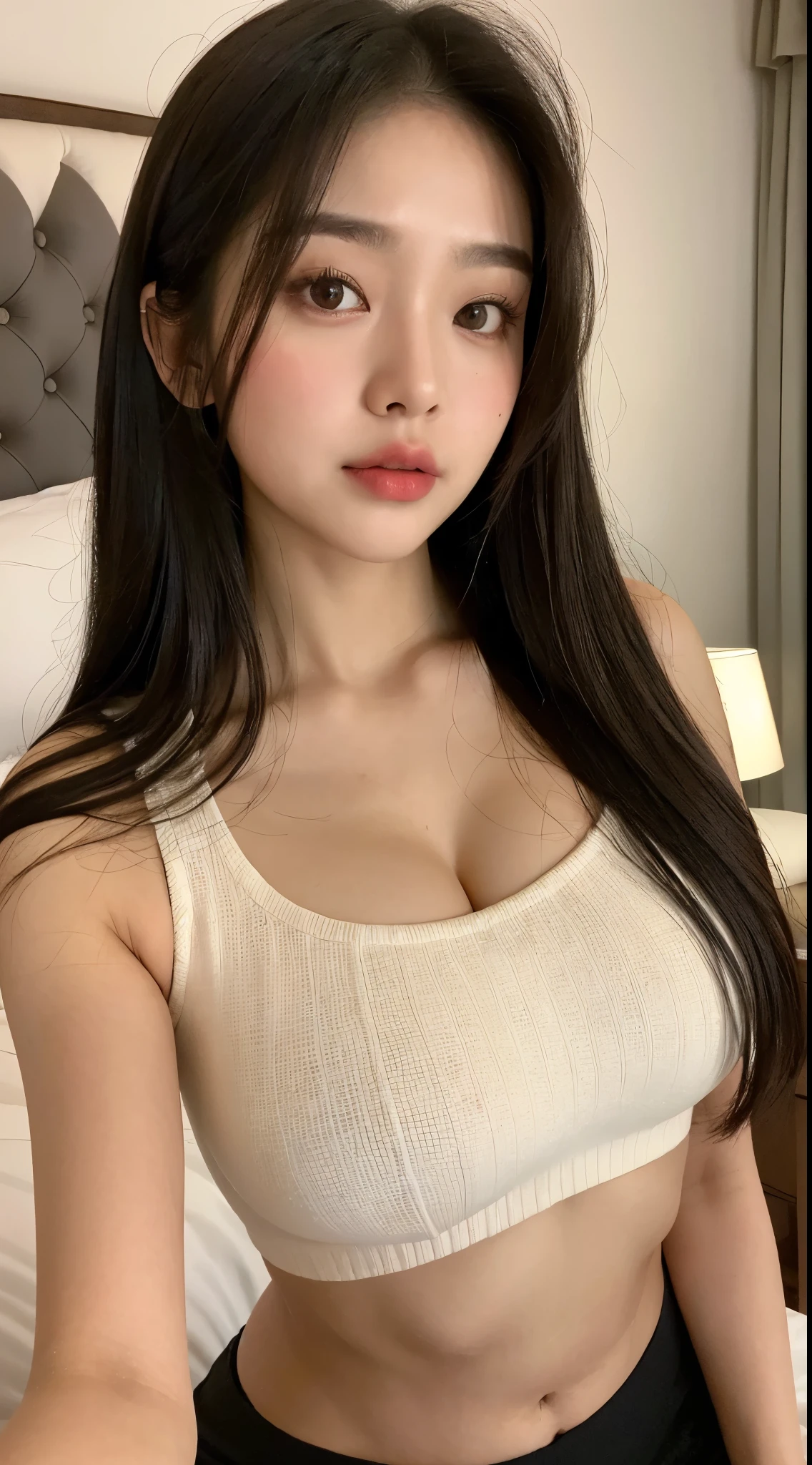 1girl, chubby woman, chubby Korean woman, croptop, short skirt, closed lips, light Korean skin, long hair, bedroom, (sharp focus:1.2), portrait, ((posing)), (beautiful face:1.1), detailed eyes, luscious lips, cleavage,8k