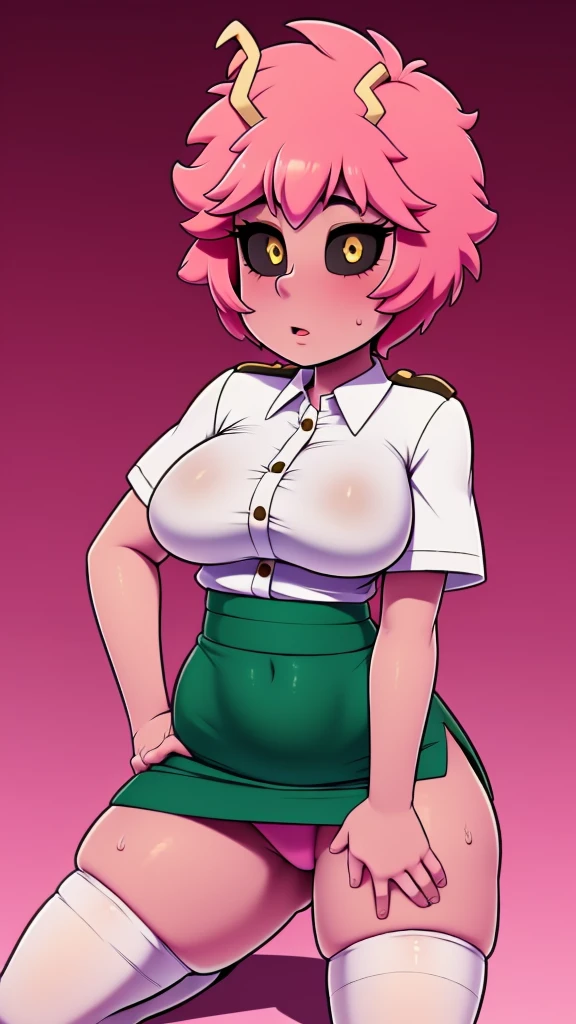 a beautiful sexy woman big breast beauty pink skin short pink hair tousled her black eye yellow pupil wears a white button-down shirt and a short dark green skirt pair of long white socks black shoe oral sex