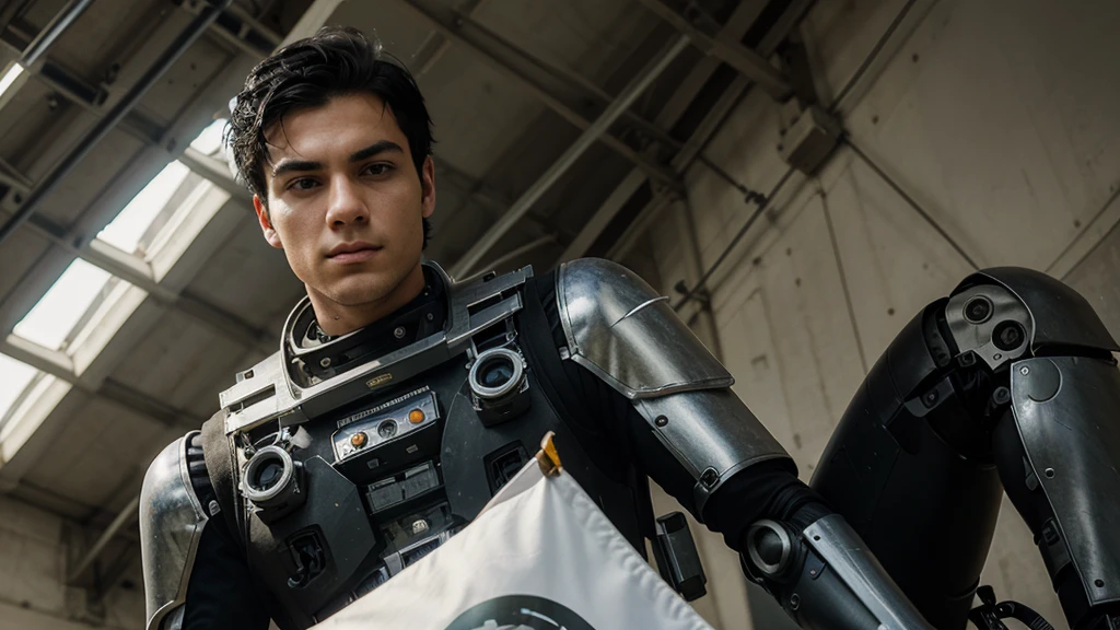 Make a banner in absurd resolution, high resolution, (work of art: 1.4), hiper-detalhe, young man with black hair, Robotic arm, very technological