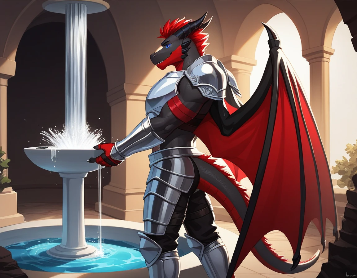 Solo, Score_9, score_8_up, score_7_up, source_cartoon, Anthro male, A black dragon, black dragon with red highlights on scales, black and red wings, blue eyes, short red hair, standing, wearing knights armor, standing in front of a giant magical fountain, golden fountain, in a cave, he looks amazed, taken aback, looking at the fountain, magic water, in a dark cave, side view of him, looking away