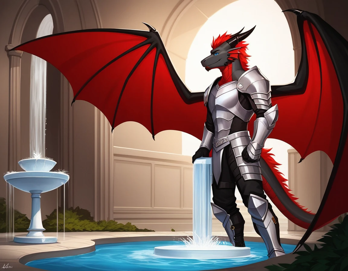 Solo, Score_9, score_8_up, score_7_up, source_cartoon, Anthro male, A black dragon, black dragon with red highlights on scales, black and red wings, blue eyes, short red hair, standing, wearing knights armor, standing in front of a giant magical fountain, golden fountain, in a cave, he looks amazed, taken aback, looking at the fountain, magic water, in a dark cave, side view of him, looking away