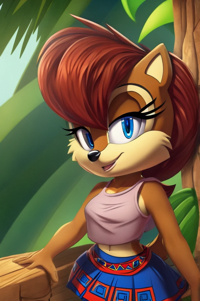 sonic (series), 1girl, anthro chipmunk girl, female mobian, mobian, blunt bangs, short auburn hair, blue eyes, (brown fur:1.3), aztec clothes, aztec skirt, jungle biome, aztec piramid, outline, Intricate Details, Masterpiece, Best Quality, High Quality, Studio Quality, Best Detail, Perfect Detail, Refine Detail, Sally Acorn 