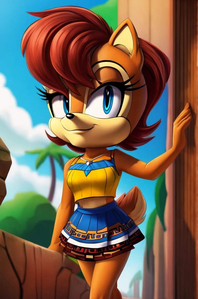 sonic (series), 1girl, anthro chipmunk girl, female mobian, mobian, blunt bangs, short auburn hair, blue eyes, (brown fur:1.3), aztec clothes, aztec skirt, jungle biome, aztec piramid, outline, Intricate Details, Masterpiece, Best Quality, High Quality, Studio Quality, Best Detail, Perfect Detail, Refine Detail, Sally Acorn 