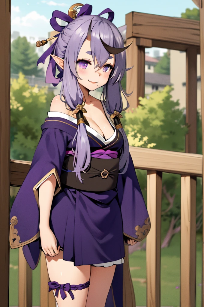 masterpiece, best quality, highres, aamikoto, low twintails, crescent hair ornament, bow, purple ribbon, short eyebrows, fang, off shoulder, purple kimono, short kimono, cleavage, sleeves past wrists, obi, sash, thigh strap, cowboy shot, standing, outdoors, smile, arms at sides, straight-on,