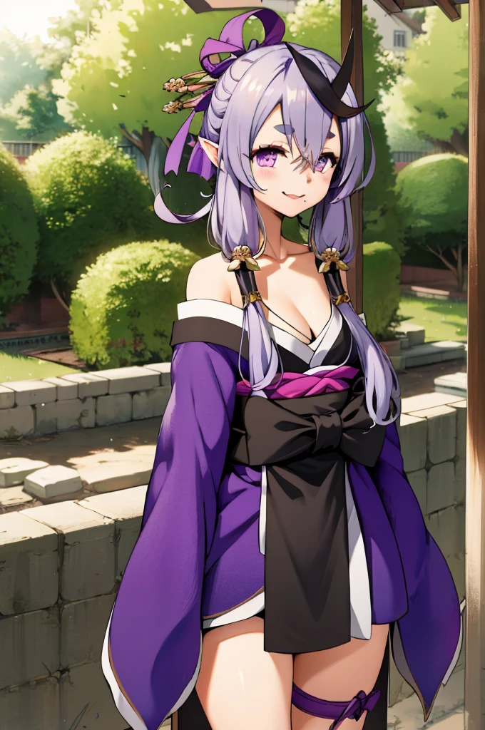 masterpiece, best quality, highres, aamikoto, low twintails, crescent hair ornament, bow, purple ribbon, short eyebrows, fang, off shoulder, purple kimono, short kimono, cleavage, sleeves past wrists, obi, sash, thigh strap, cowboy shot, standing, outdoors, smile, arms at sides, straight-on,