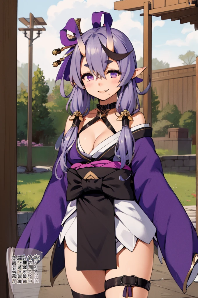 masterpiece, best quality, highres, aamikoto, low twintails, crescent hair ornament, bow, purple ribbon, short eyebrows, fang, off shoulder, purple kimono, short kimono, cleavage, sleeves past wrists, obi, sash, thigh strap, cowboy shot, standing, outdoors, smile, arms at sides, straight-on,