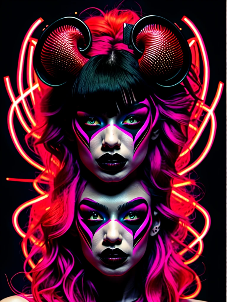 1girl, cute girl, sexy, solo, white  eyes looking at viewer, monochrome, greyscale, bunt bangs, bright red hair, parted lips, horns, black background, full veiw, wide angled, cyberpunk, tragic, gothic horror surellizm (red color pops hair & Lipstick) beautiful lighting strangely sexy(Brom style character concepts ober realism,) Goth pop 
Gun placed to her Head in confidant expresion