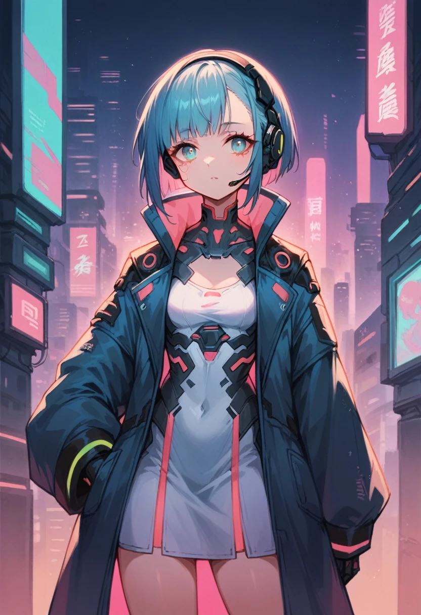 high quality image, futuristic anime style, cyberpunk, a girl in a futuristic city, neon colors, jacket with wide sleeves and white dress, headset, medium hair with bangs, sultry body, blue hair on the outside and pink on the inside, cyan eyes, skin fair