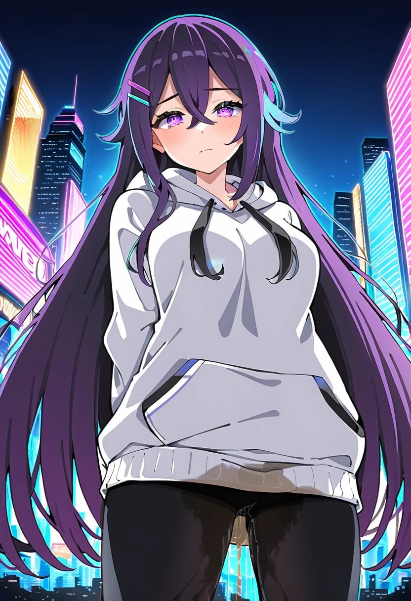 (masterpiece:1.37), best quality, (extremely detailed:1.37), woman, mature, (adult:2.0), large breasts, (very long hair:1.5), dark purple hair, purple eyes, (extremely detailed eyes:1.37), hoodie, jeans, desperation, (wetting self:2.0), standing, city, futuristic, neon lighting, high-tech