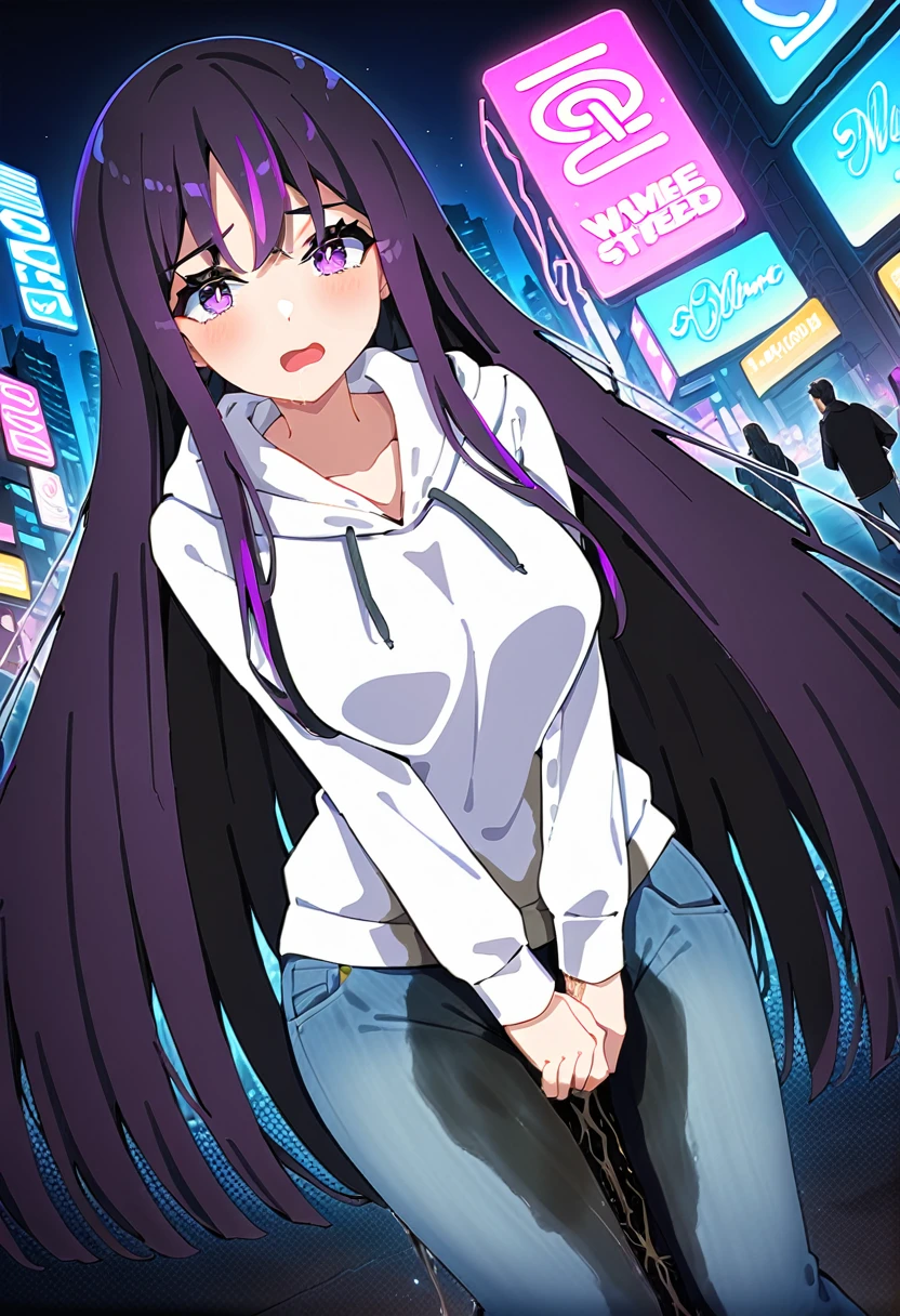 (masterpiece:1.37), best quality, (extremely detailed:1.37), (1girl:1.5), woman, (mature:1.5), (adult:1.5), large breasts, very long hair, (straight hair:1.5), (very dark purple hair:1.5), purple eyes, (extremely detailed eyes:1.37), sweater, scarf, jeans, desperation, (wetting self:1.5), standing, embarrassed, humiliation, blushing, gas station, snowing, street, golden hour, full body