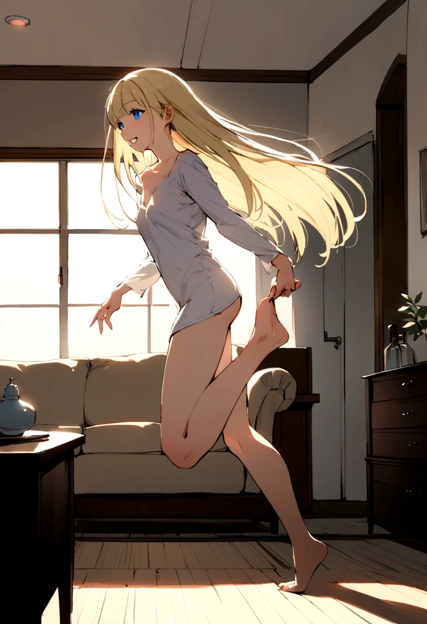 a young woman, 20 years old, blonde, straight hair, blue eyes, hole in her chin, BEAUTIFUL, PERFECT BODY, FULL BODY, IN THE LIVING ROOM, taking off her clothes, HAPPY, sideways