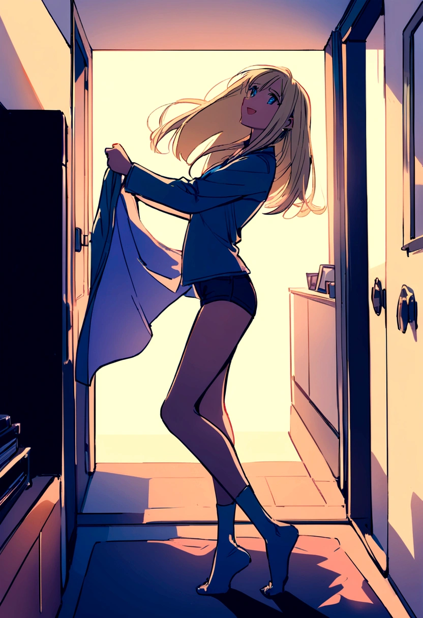 a young woman, 20 years old, blonde, straight hair, blue eyes, hole in her chin, BEAUTIFUL, PERFECT BODY, FULL BODY, IN THE LIVING ROOM, taking off her clothes, HAPPY, sideways