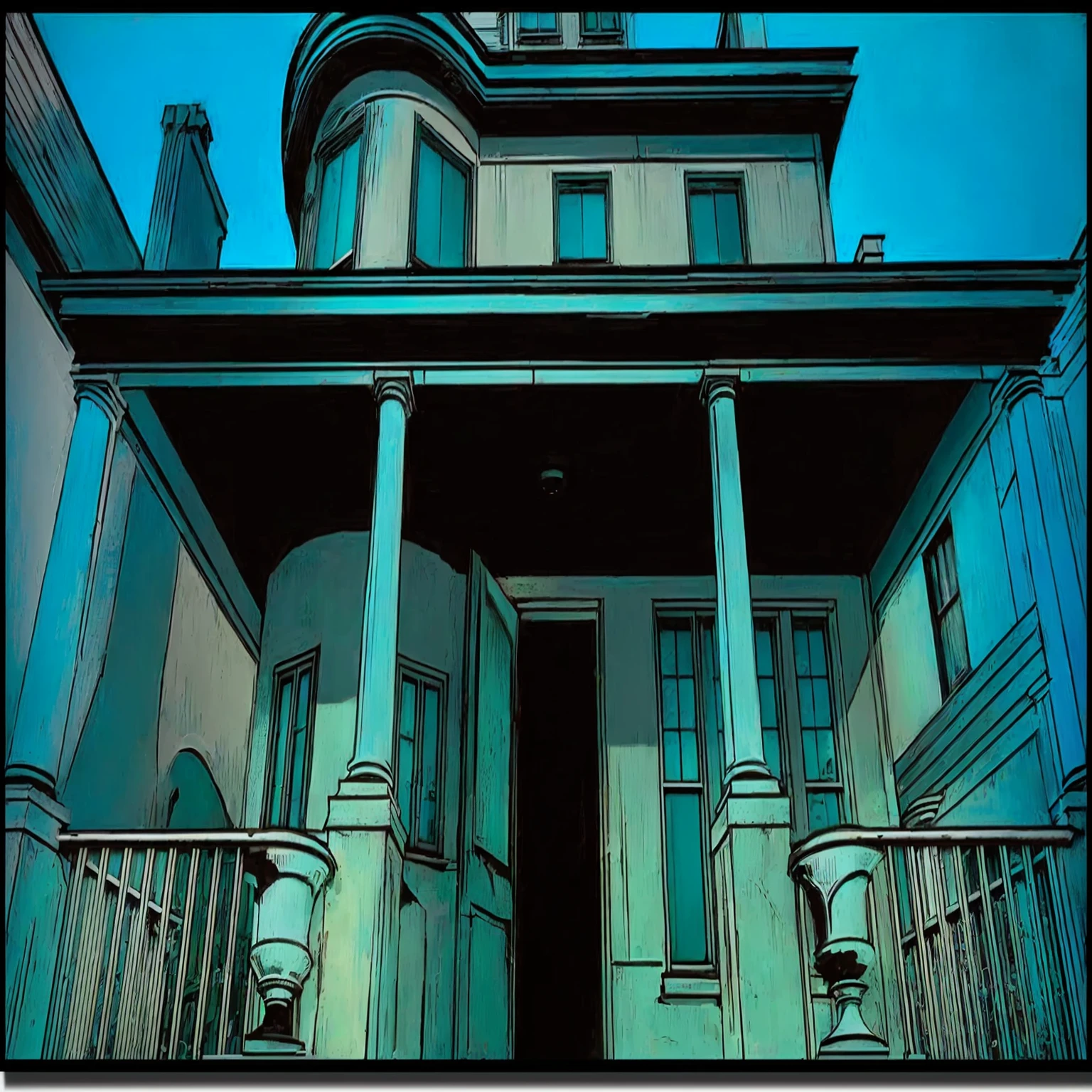 there is a photo of a building with a clock on top, mysterious exterior, intriguing details, aquamarine windows, random background scene, color spread, one panel, one panel de quadrinhos, inspirado em Harvey Dunn, missing panels, house background, location of an old, dark house, incredibily detailed, Cyan blinds on the windows, incredible details