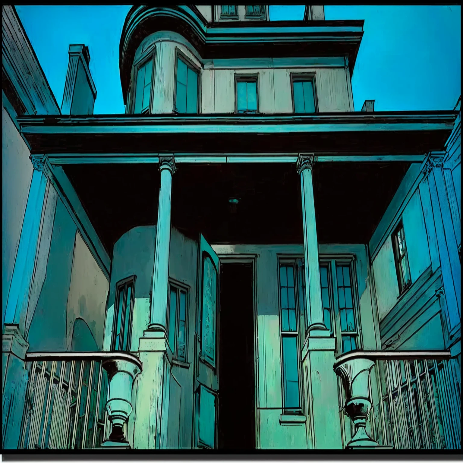 there is a photo of a building with a clock on top, mysterious exterior, intriguing details, aquamarine windows, random background scene, color spread, one panel, one panel de quadrinhos, inspirado em Harvey Dunn, missing panels, house background, location of an old, dark house, incredibily detailed, Cyan blinds on the windows, incredible details