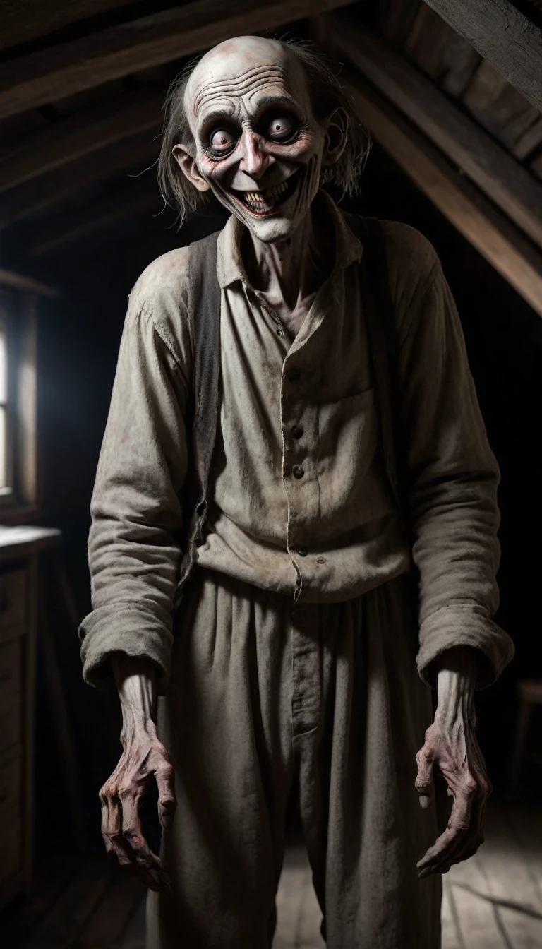 Image of a pale figure with a hunched back, with empty eyes and a distorted smile, (holding a in his arms) in a dark attic. The crooked man has a frightening and menacing appearance.
Ultra realistic image.