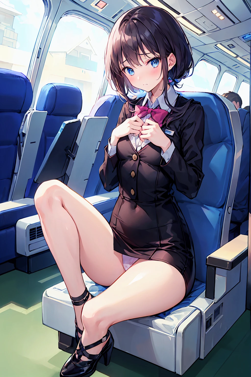 (1 person、alone:1.1), Beautiful woman, Anatomically perfect body, thin、(stewardess、Cabin attendant), (Japan Aviation Uniforms、Jacket、Pencil Skirt:1.1)、(Looking down:1.2), (Detailed panties)、20-year-old、(Highest quality)、Black Hair, (Half Up:1.1), Inside the plane、(8K, High resolution)、(shy:1.4)、Mid-chest, thin脚、Small Ass、(vapor:1.1), (Embarrassing:1.3), sit、(Put your knees on your chest、Bend your knees), High heels、Sad face