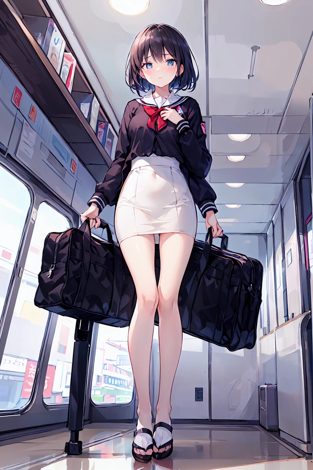 (1 person、alone:1.1), Beautiful woman, Anatomically perfect body, thin、(stewardess、Cabin attendant), (Japan Aviation Uniforms、Jacket、Pencil Skirt:1.1)、(Looking down:1.2), (Detailed panties)、20-year-old、(Highest quality)、Black Hair, (Half Up:1.1), Inside the plane、(8K, High resolution)、(shy:1.4)、Mid-chest, thin脚、Small Ass、(vapor:1.1), (Embarrassing:1.3), sit、(Put your knees on your chest、Bend your knees), High heels、Sad face