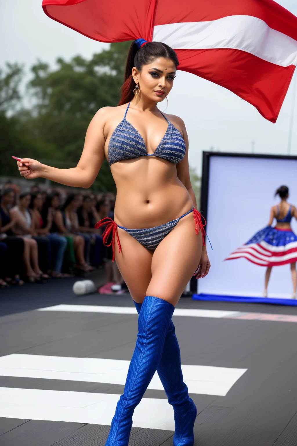 CLOSE UP photo of SEXY 50YO MATURE MILF AISHWARYA RAI as KAMA SUTRA DEVI, ((SMOKY EYES MAKEUP)), ((ponytail tied hair)), ((US flag red and blue micro string  bikini)), ((ankle boots)), (((catwalk outdoors on ramp SEX show))), day scene, curvy mature hourglass figure, look straight at camera, sexy 50 yo mature MILF, soft volumetric lights, intricate details, (ArtStation:1.2)