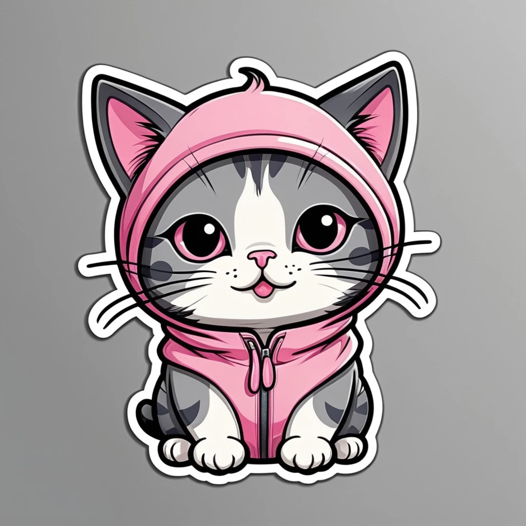 Clothing sticker design, cartoon cat, cat sticker, A high resolution, high detail, cartoon style, color gray and pink