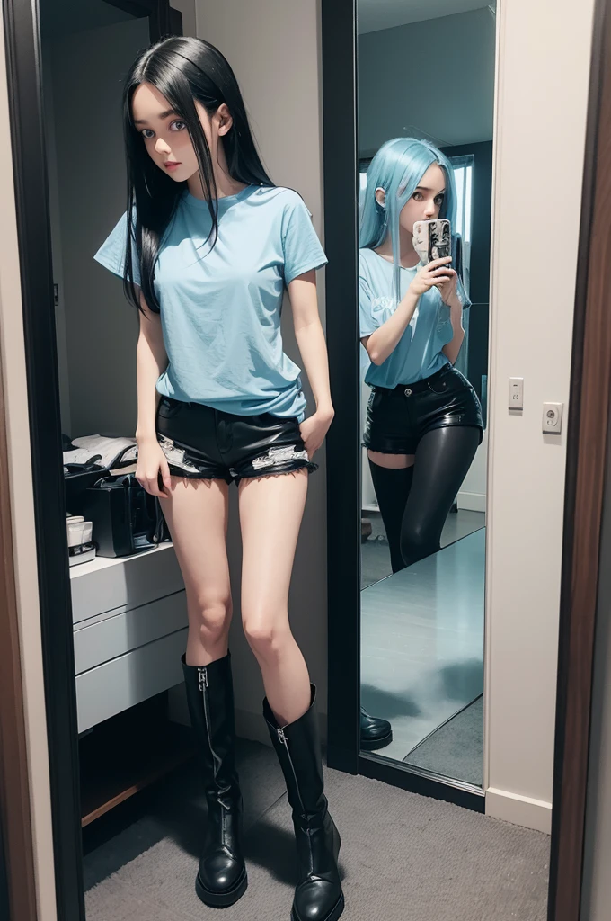 1 girl with light blue eyes long straight black hair light blue t-shirt short leather shorts black boots over the knee facing the mirror 